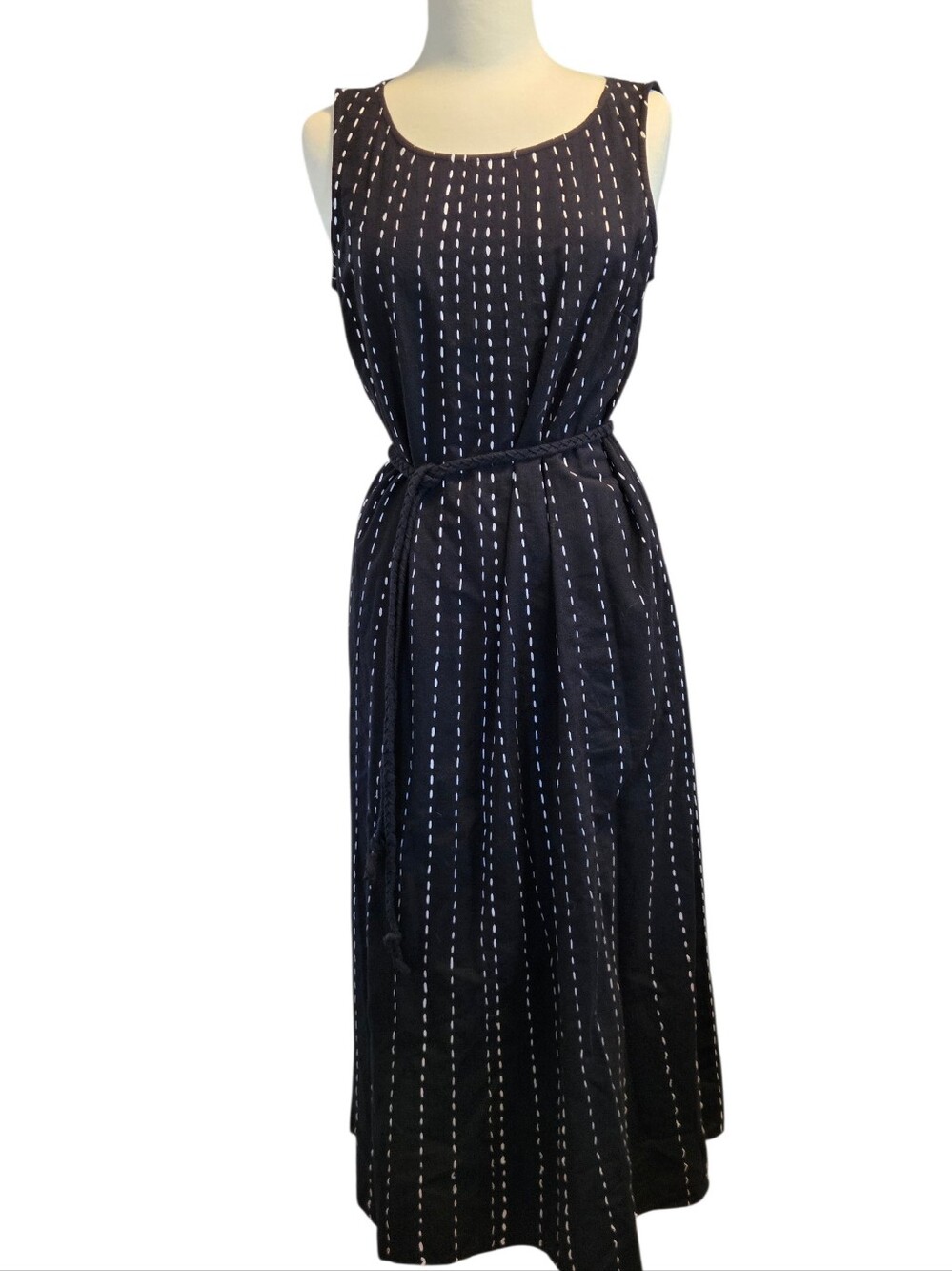 Pure J. Jill Black Sleeveless Belted Maxi Dress with White Verticle Stitching